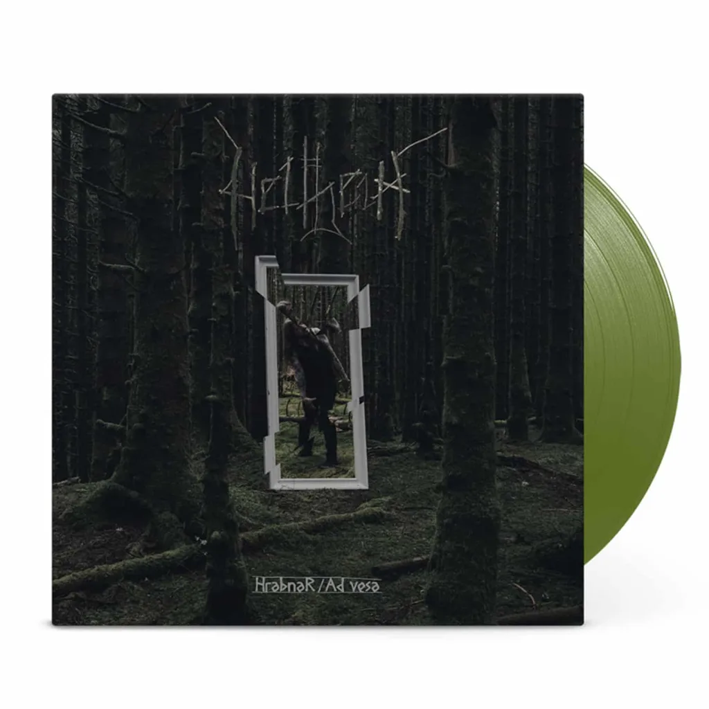 Helheim split album "HrabnaR / Ad vesa" cover with green vinyl. Artwork by Tom Korsvold
