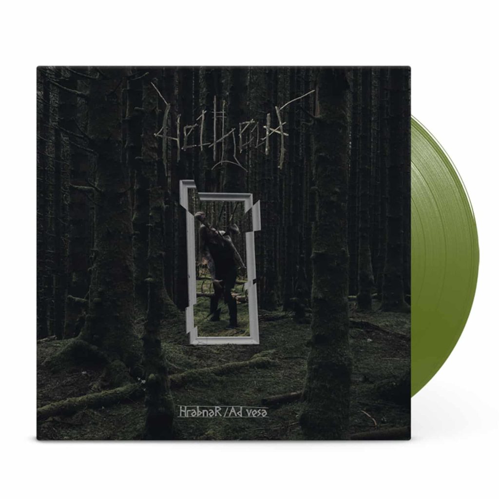 Helheim split album "HrabnaR / Ad vesa" cover with green vinyl. Artwork by Tom Korsvold